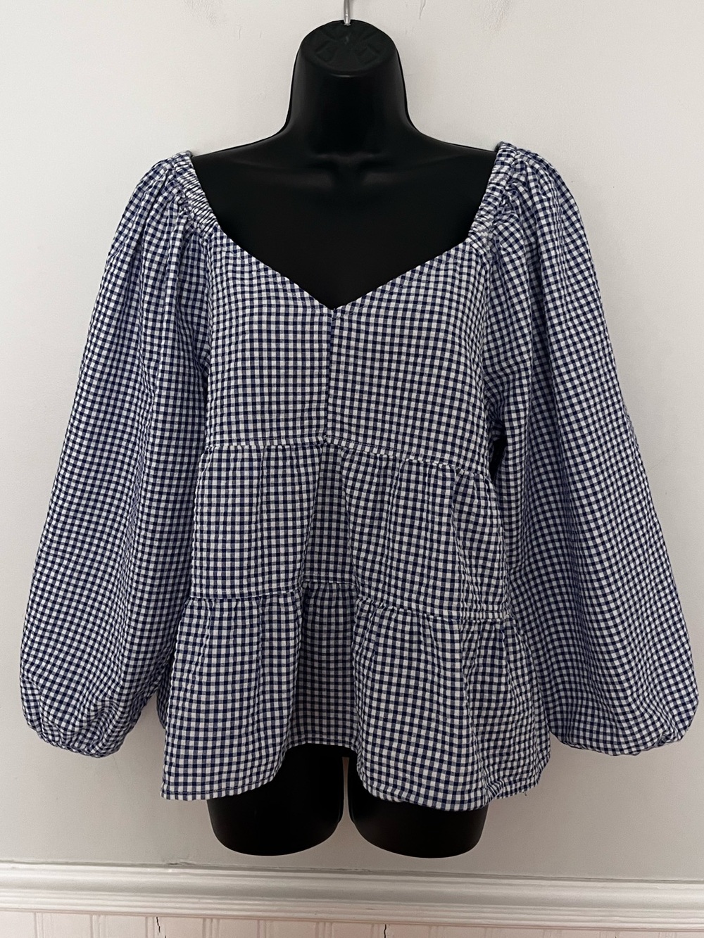 Old Navy Navy and White Gingham Peplum Blouse